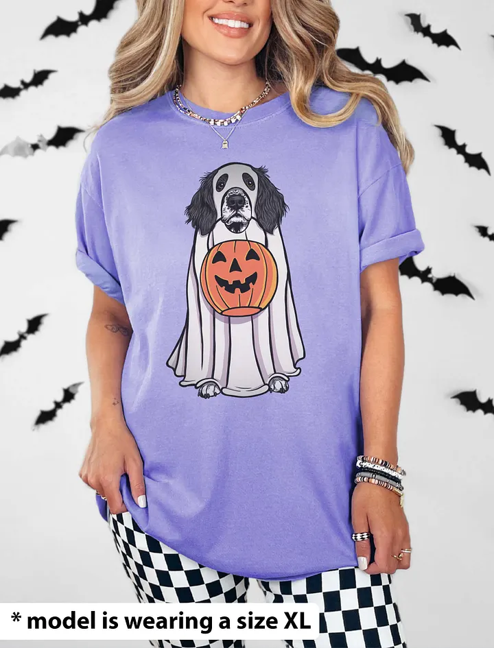 Funny Halloween Springer Spaniel(Black) T-Shirt | Funny Springer Spaniel Wearing a Ghost Costume and Holding a Pumpkin Basket product image (24)