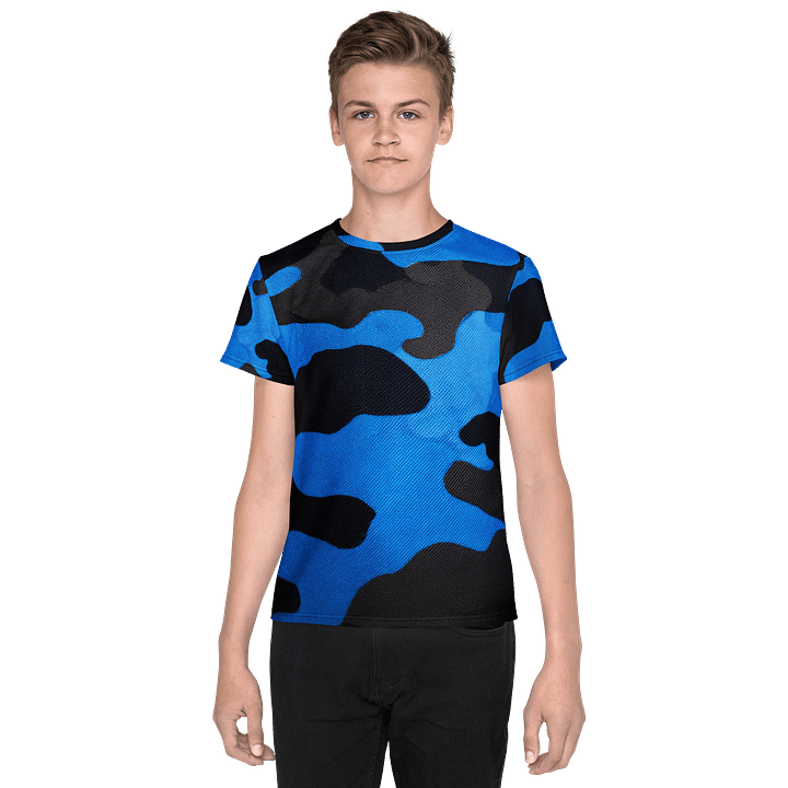 Youth Crew Neck T-Shirt black and blue camo product image (1)