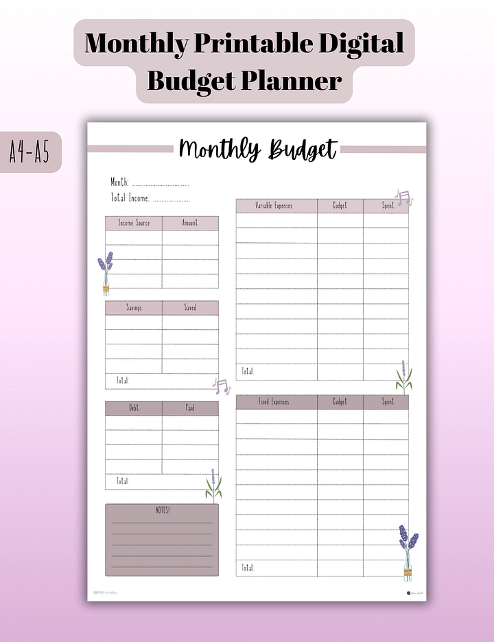 Monthly Printable Digital Budget Planner Pastel Lavender theme A4 - A5 product image (1)