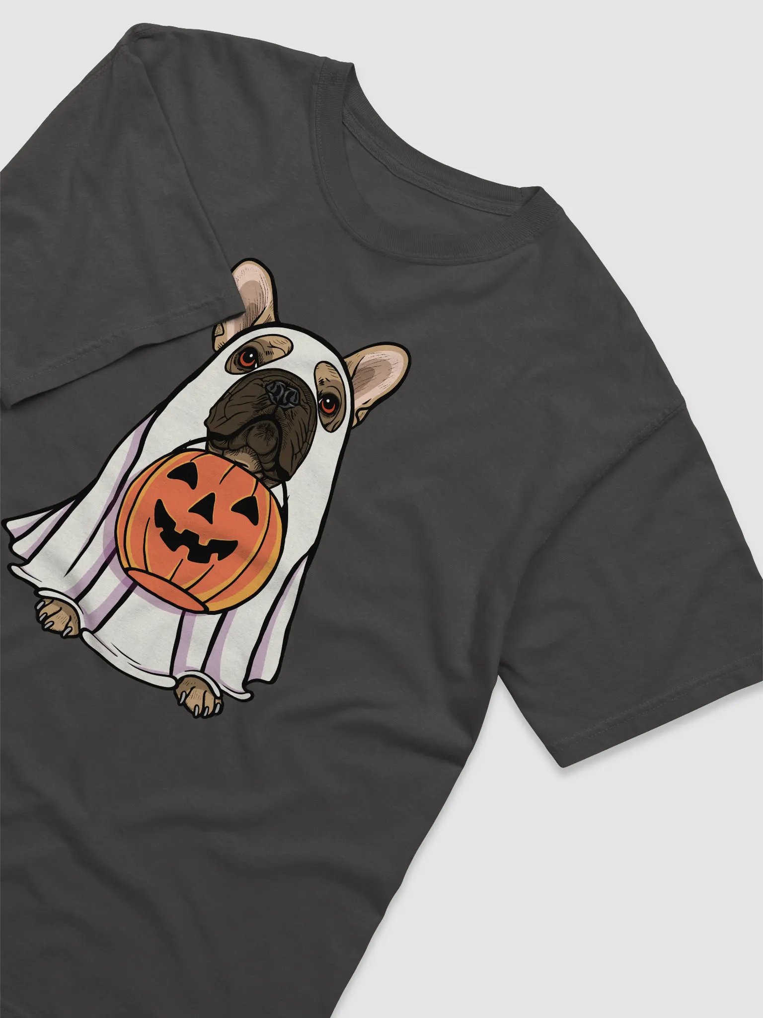 Funny Halloween French Bulldog T-Shirt | Funny Frenchie Wearing a Ghost Costume and Holding a Pumpkin Basket product image (19)
