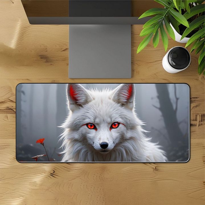 Mystical White Fox Deskmat | Enchanting Red-Eyed Fox Design product image (1)