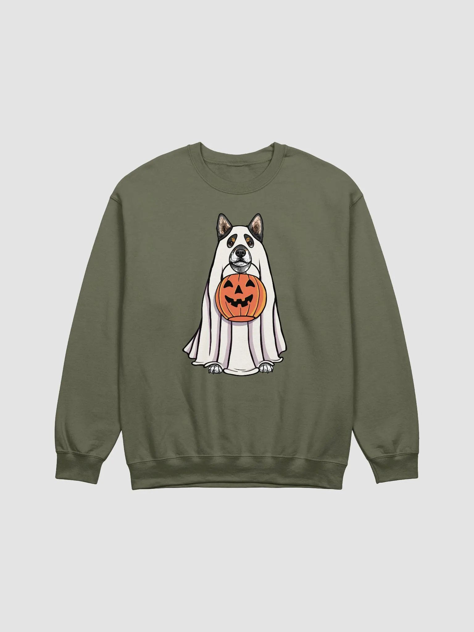 Funny Halloween Shiba Inu(Tricolor) Sweatshirt | Funny Dog Wearing a Ghost Costume and Holding a Pumpkin Basket product image (13)