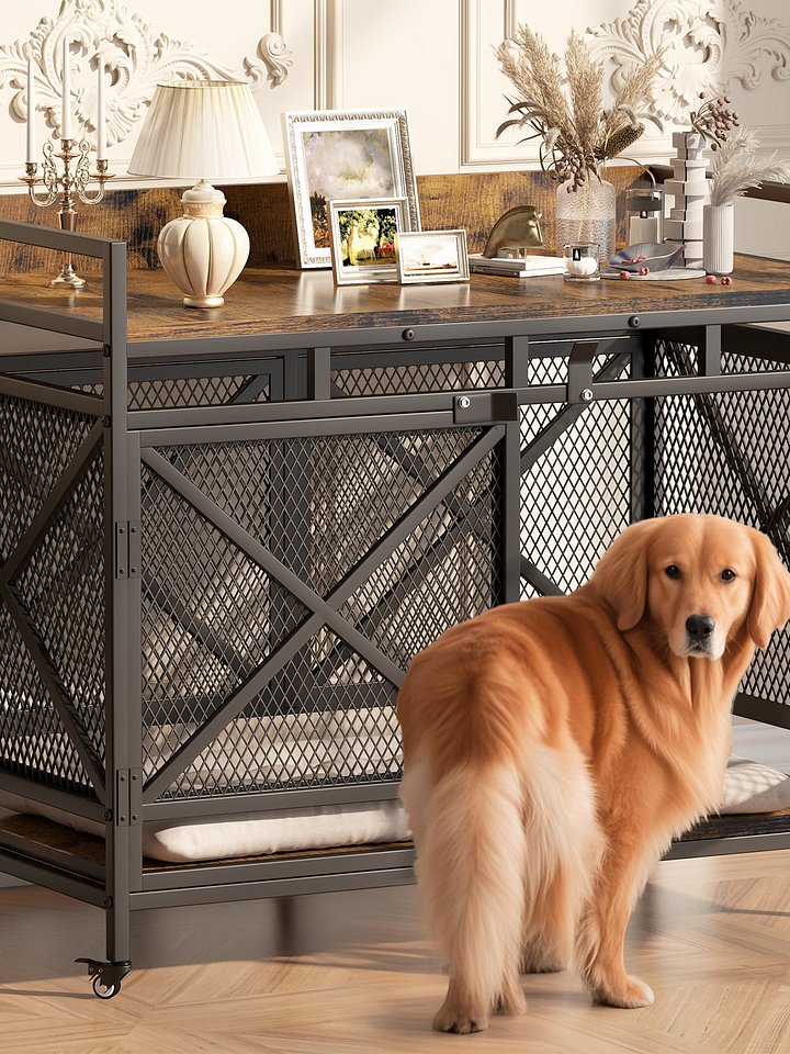 48 inch Dog Crate Furniture for Large Breeds (Up to 90 lb), Wooden & Steel, 360° Casters, Waterproof Top, Steel Lock,Vintage Brown product image (1)