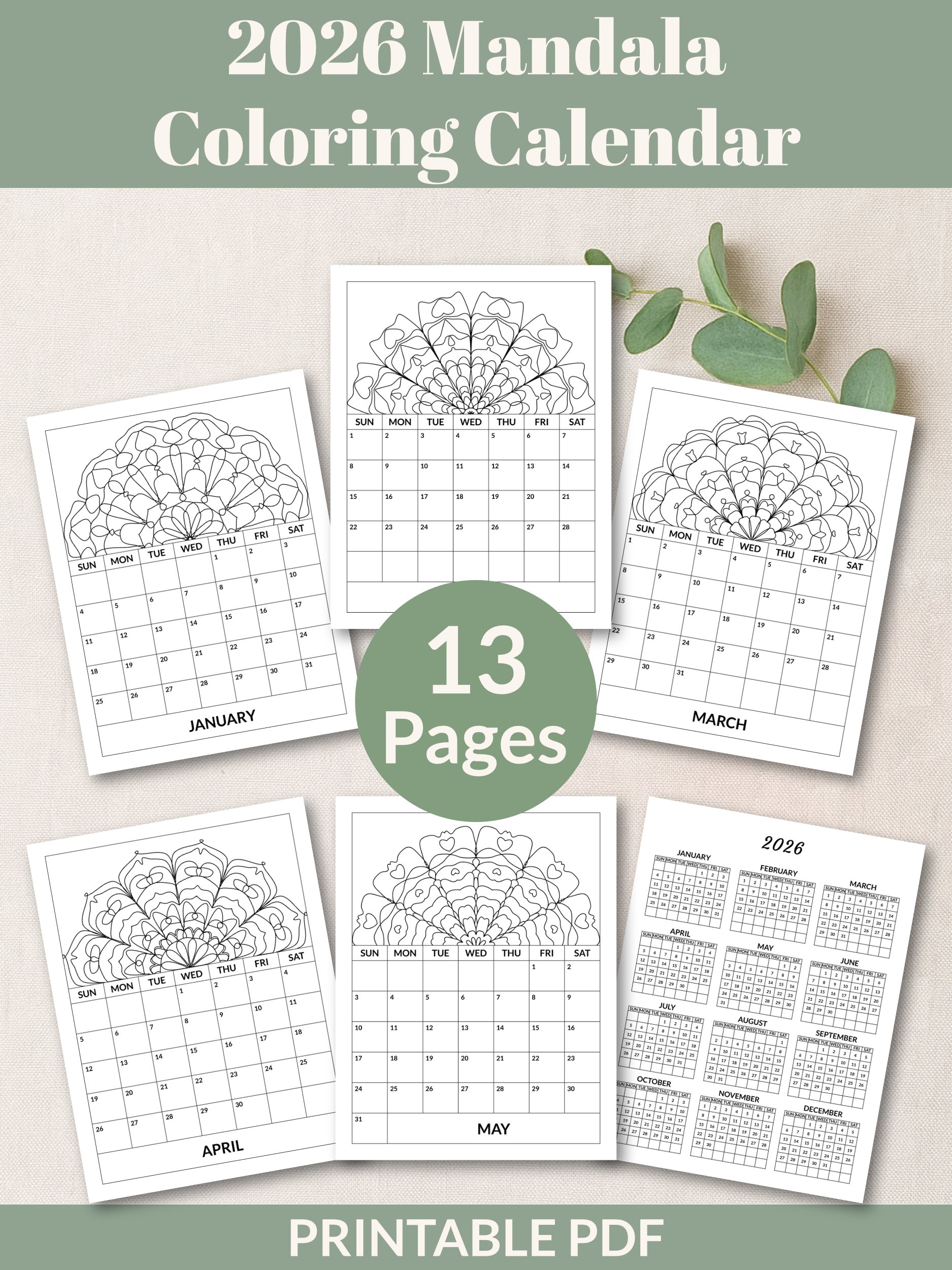 Printable 2026 Mandala Coloring Calendar product image (1)