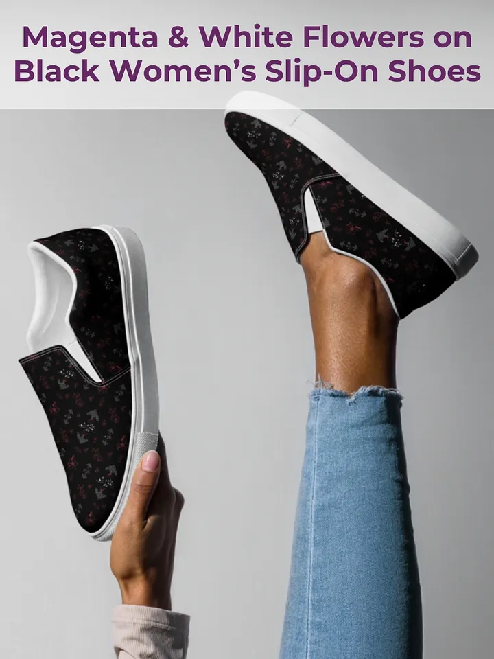 Magenta and White Flowers on Black Women's Slip-On Canvas Shoes product image (1)
