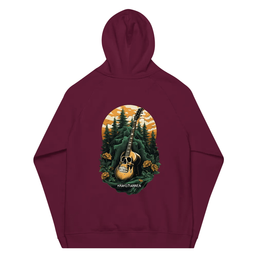 Unisex Eco Raglan Hoodie 🌲 Dark green spruce forest with a skull-shaped guitar product image (3)