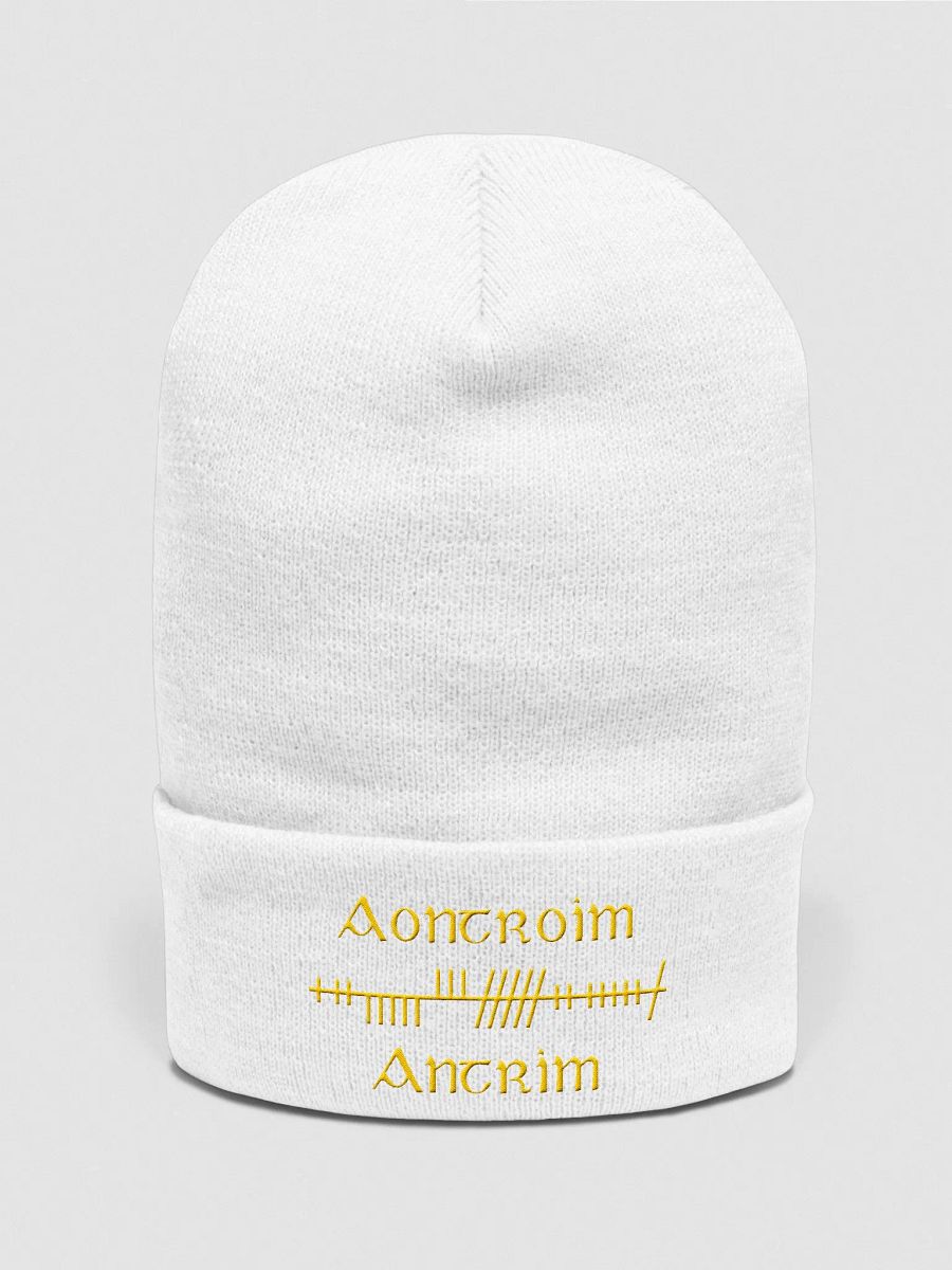 Antrim/Aontroim, Orthodox Style Ogham, white with saffron, embroidered Cuffed Beanie product image (1)