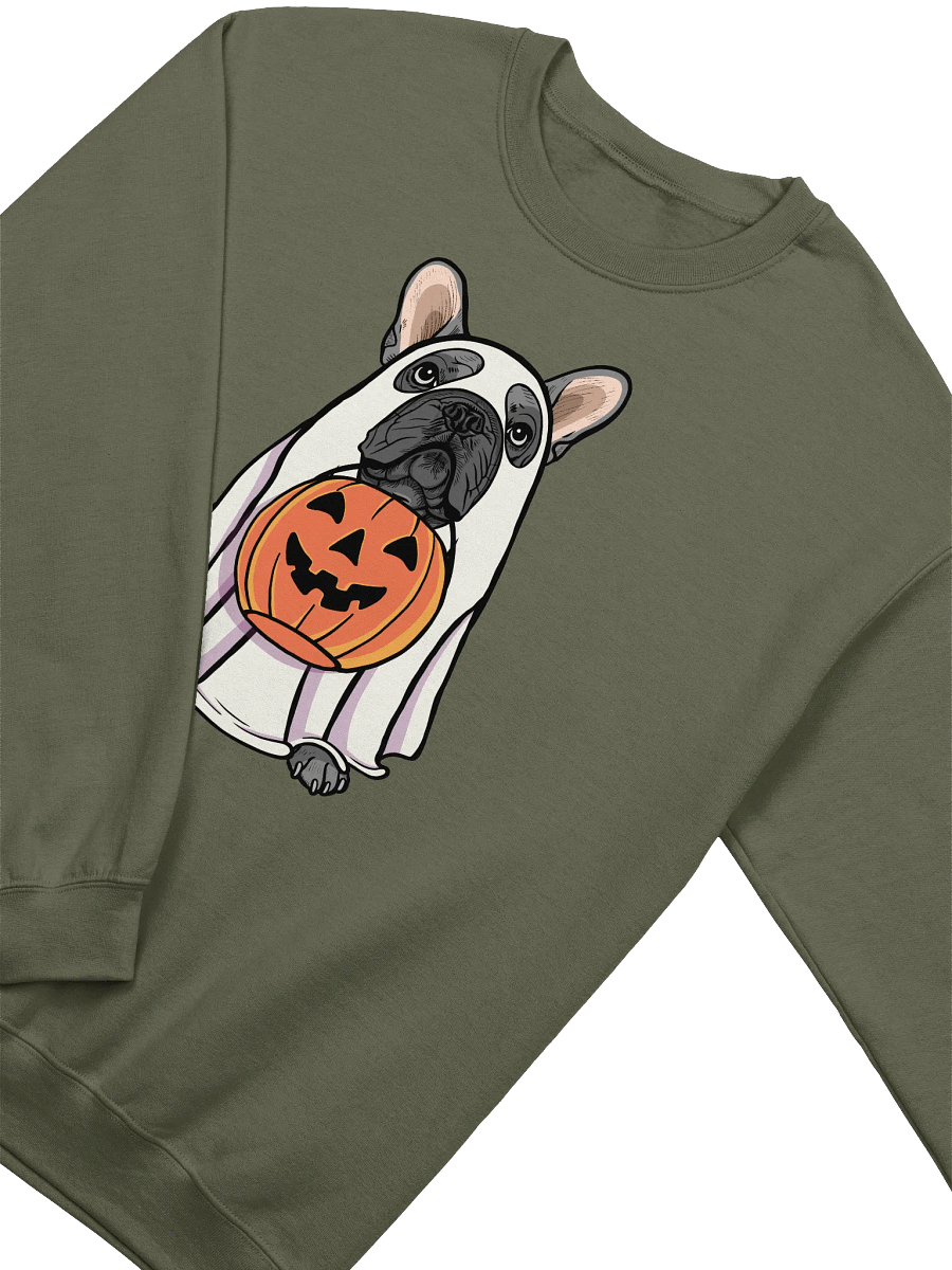 Funny Halloween French Bulldog(Blue) Sweatshirt | Funny Frenchie Wearing a Ghost Costume and Holding a Pumpkin Basket product image (18)