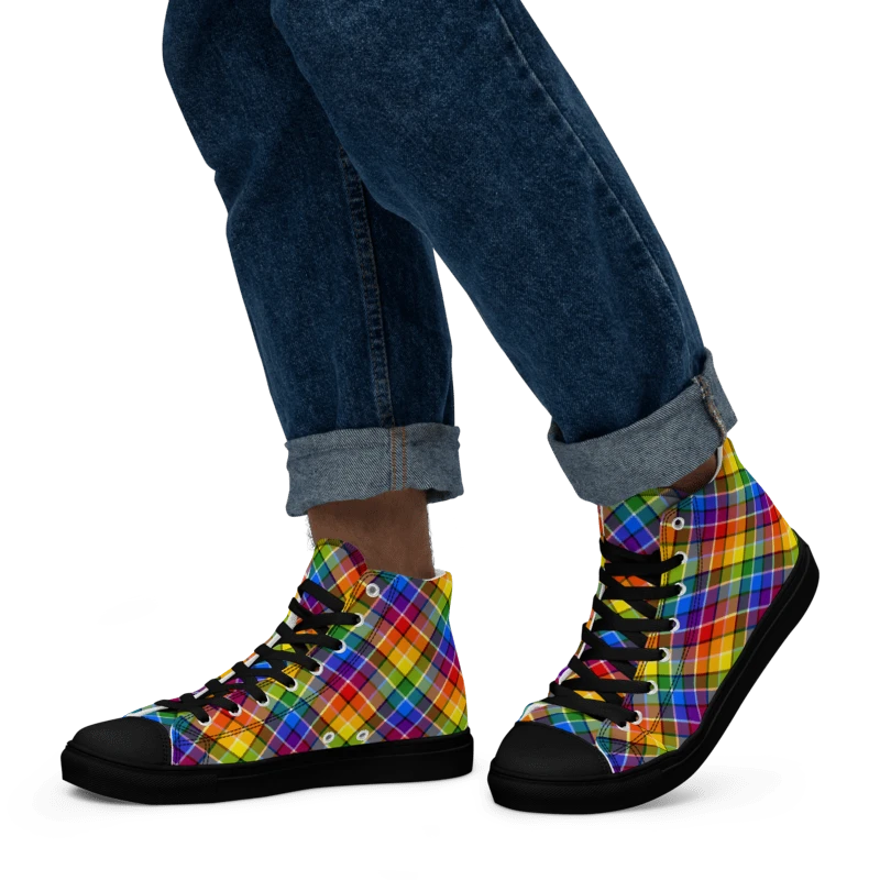 Bright Rainbow Plaid Men's High Top Shoes product image (5)