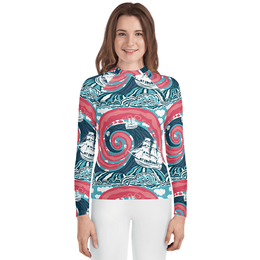 Girls' | YOUTH | Rash Guard | Kraken Vibes, Nautical Adventure | Coastal Swim Shirt for Kids | UV Protection Activewear product image (1)