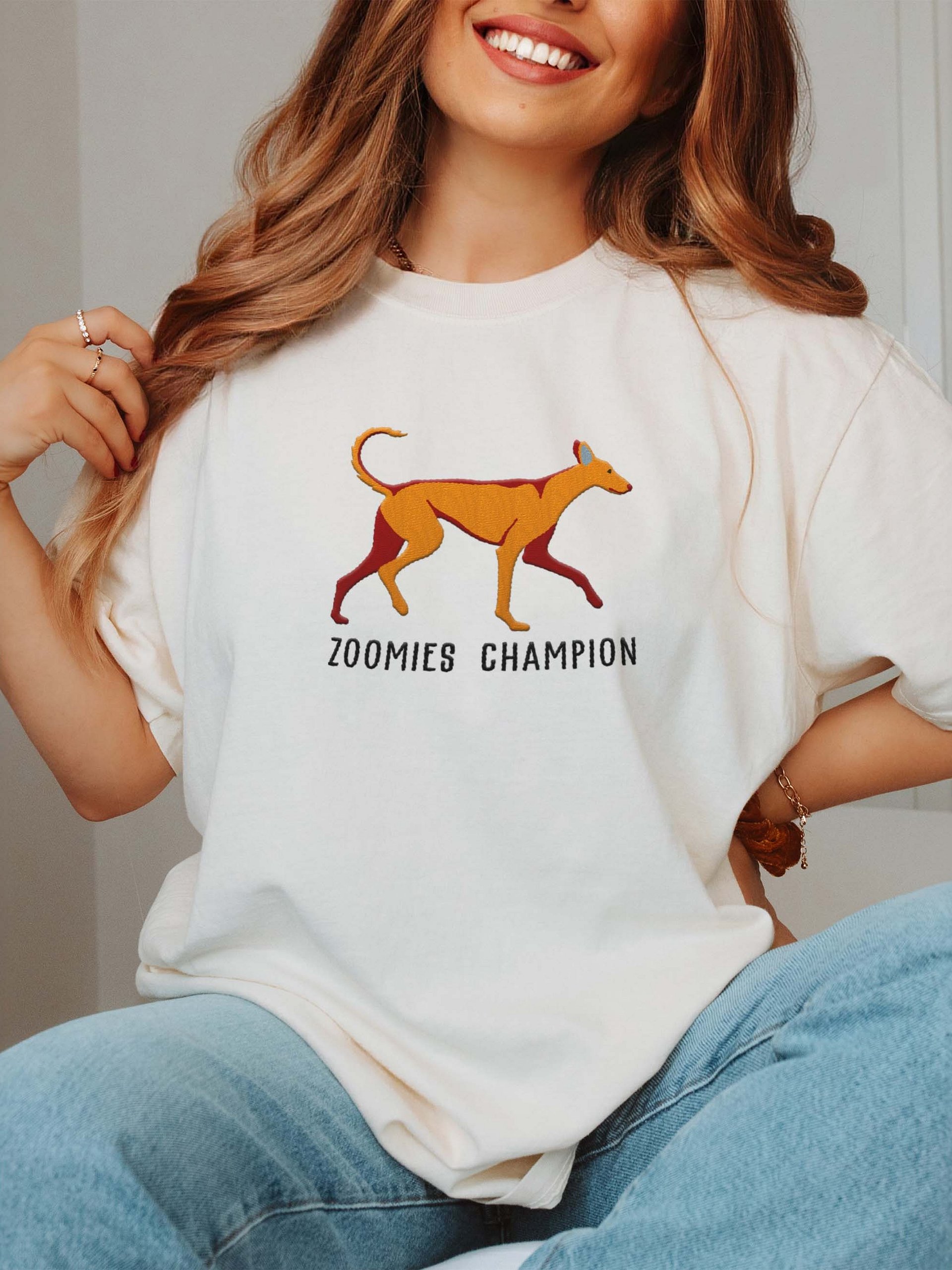 Zoomies Champion T-Shirt(Embroidered) of an Ibizan Hound(Tan) product image (2)