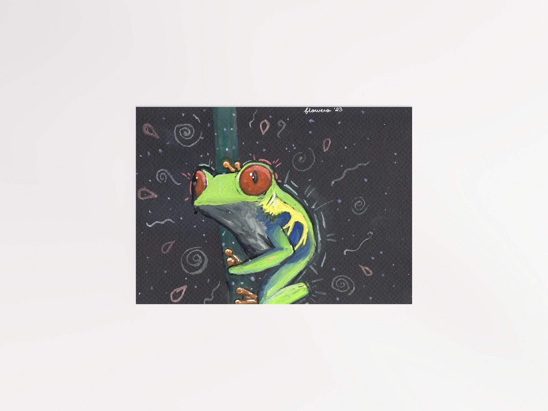 vibrant green tree frog - gouache and watercolour on black paper - print product image (9)
