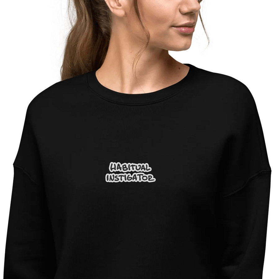 HABITUAL INSTIGATOR (B&W thread) embroidered fleece crop crew product image (12)