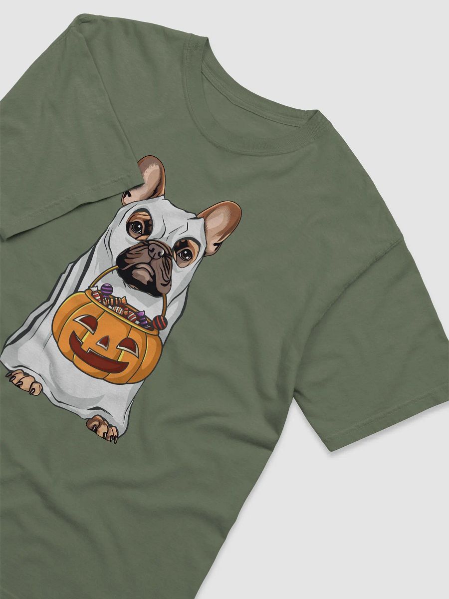 French Bulldog Halloween Tee | Funny Fall Halloween Frenchie Wearing a Ghost Costume with Pumpkin Basket product image (3)