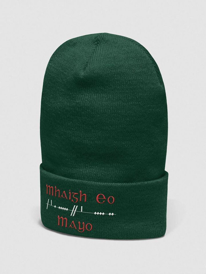 Mayo/Maigh Eo, Scholastic style Ogham, green with red and white, embroidered Cuffed Beanie product image (2)