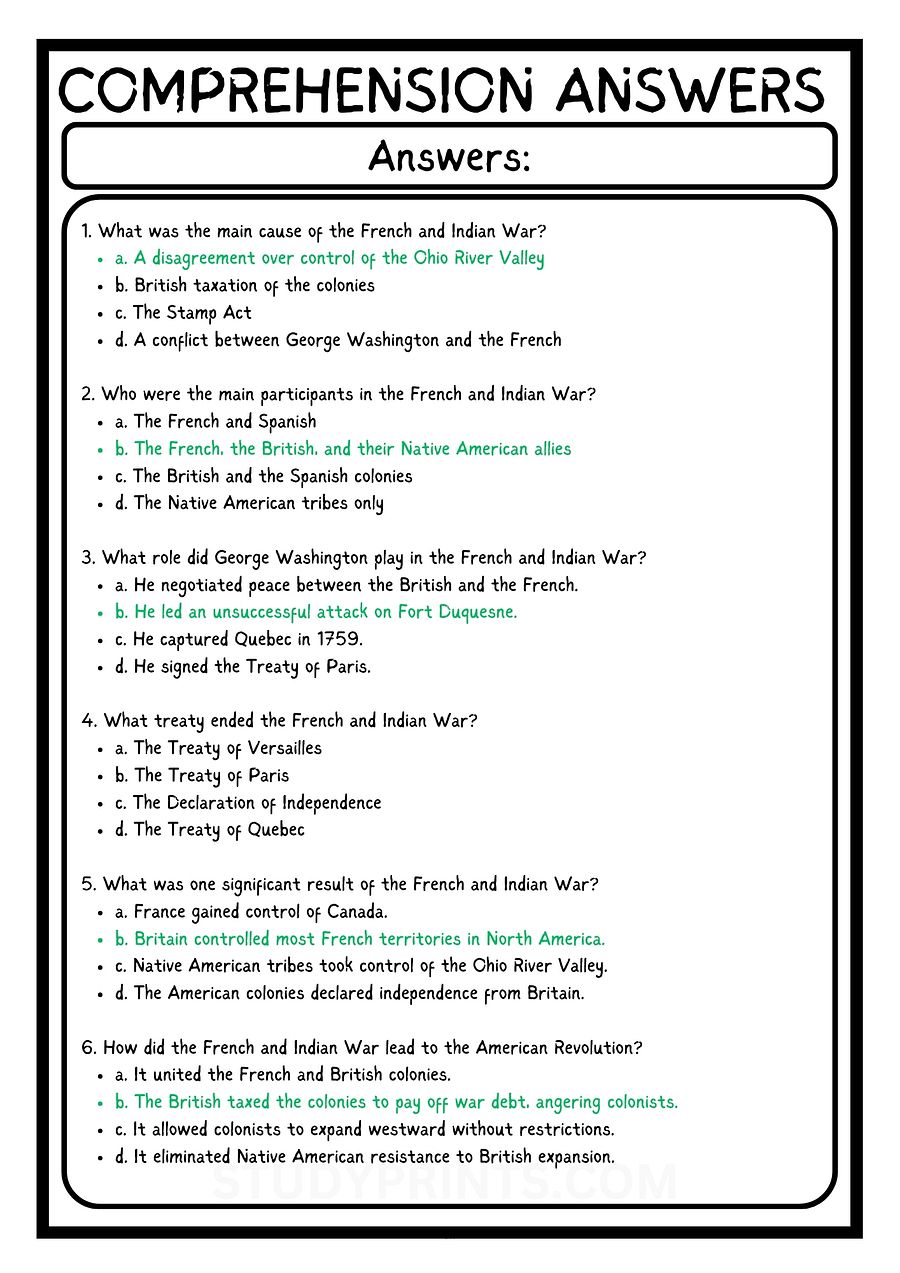 french and indian war Reading Comprehension Worksheet WITH 6 QUESTIONS PDF product image (4)