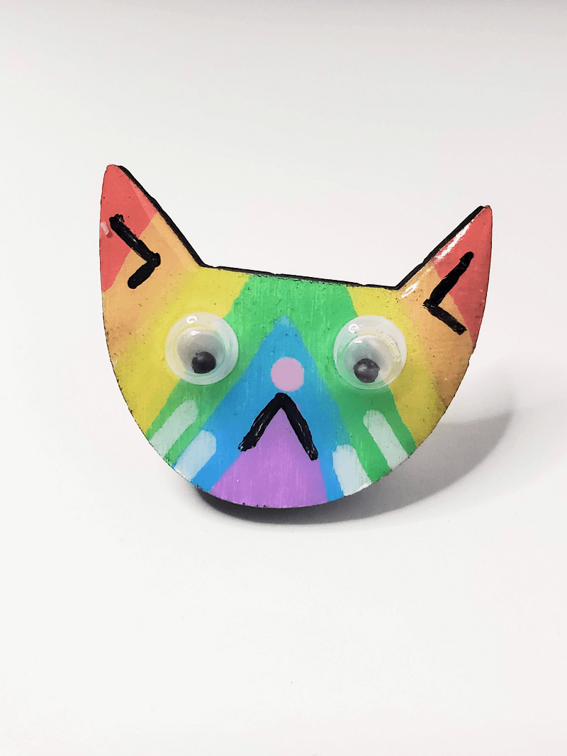 Handpainted Rainbow Wooden Cat Pin