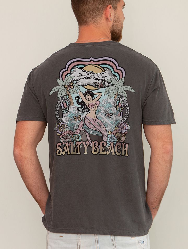 Salty Beach, Mermaid by the Beach Tee (Back Print) | Retro-Style Art Nouveau T-Shirt for Travel and Road Trips product image (19)