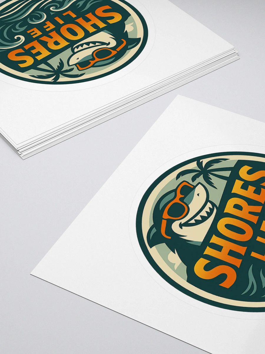 Shores Life Shark Sticker – Cool Beach Logo with Sunglasses & Waves | 4" x 4" Decal product image (4)