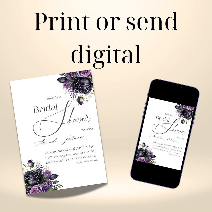 Rustic Bridal Shower Invitation, Black Rose Floral Wedding Shower Invite Canva Template, Printable Garden Party Theme Idea, Digital Download product image (9)