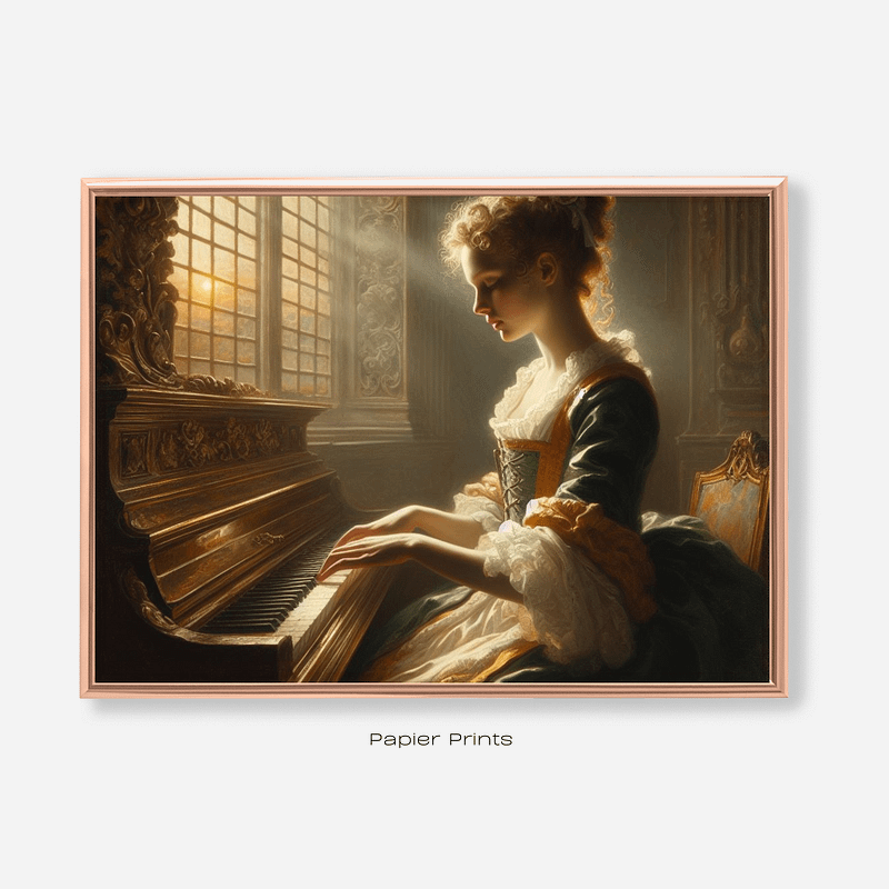 Melodic Grace: Vintage Oil Painting of Young Victorian Woman Playing Piano