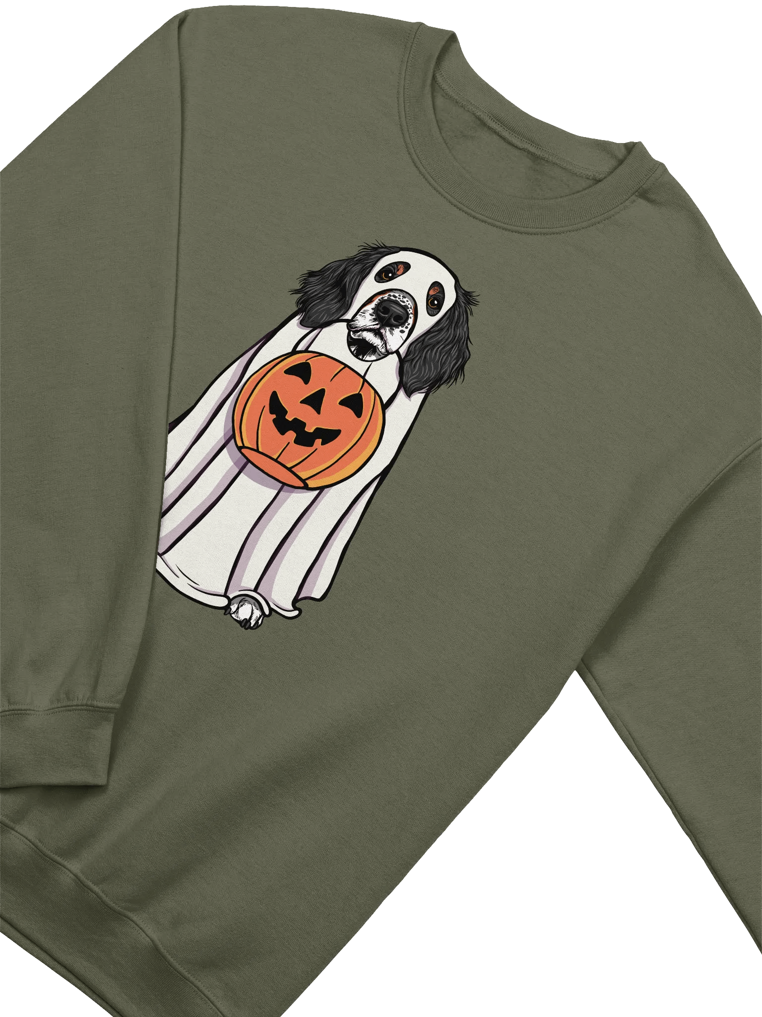 Funny Halloween Springer Spaniel(Tricolor) Sweatshirt | Funny Springer Spaniel Wearing a Ghost Costume and Holding a Pumpkin Basket product image (4)
