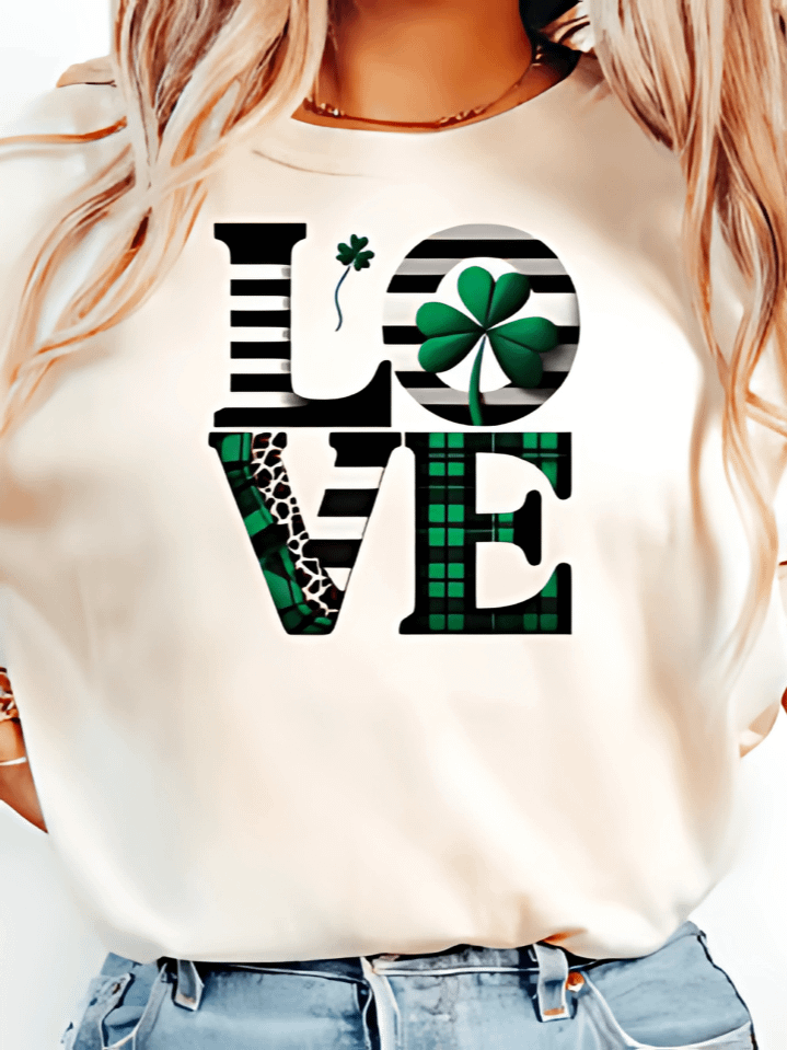 LOVE Clover Leaf St. Patrick’s Day T-Shirt Sublimation Design – stylish shamrock graphic, 300 DPI PNG, instant digital download product image (1)