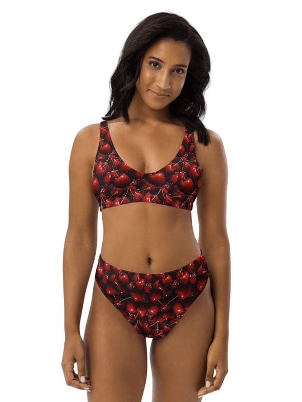 🍓🖤 Black Strawberry Print Recycled High-Waisted Bikini – Sweet & Bold product image (1)