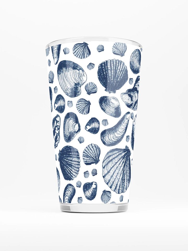 New England Tidal Treasures | | Dark Blue on White | Coastal Shell Repeat | Shaker Pint Glass by Monique Faella Designs™ Shell Yeah, It’s Sip Time 🐚🍺🌊 product image (2)