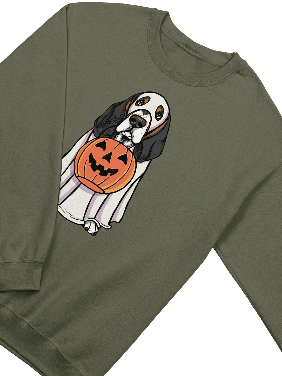 Funny Halloween Basset Hound(Tricolor) Sweatshirt | Funny Basset Hound Wearing a Ghost Costume and Holding a Pumpkin Basket product image (14)