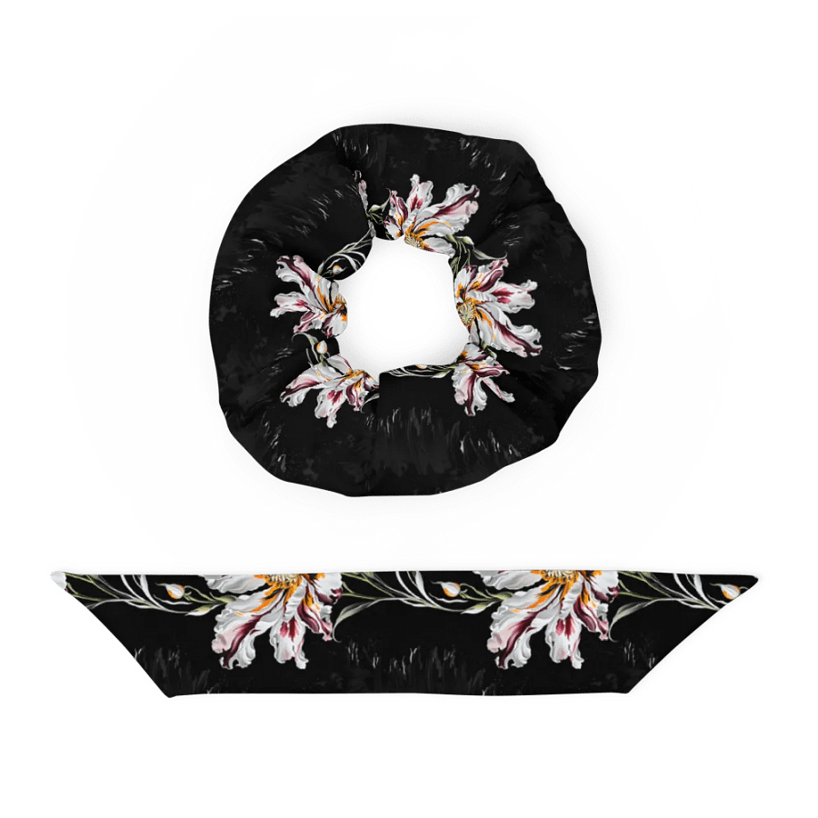 Hair Scrunchie - Painted Pink Flowers on a Black Background product image (4)