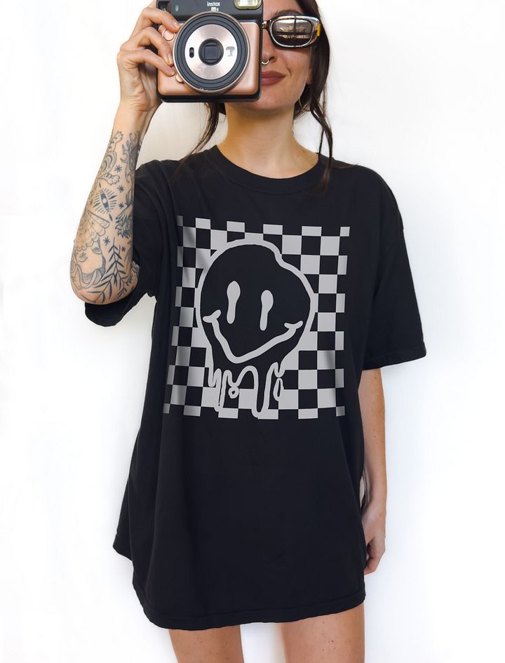 Melting Smiling Face on a Checkerboard | Funny Retro-Style Trendy Smiling Face T-Shirt | Western and Rock Unisex Tee product image (1)