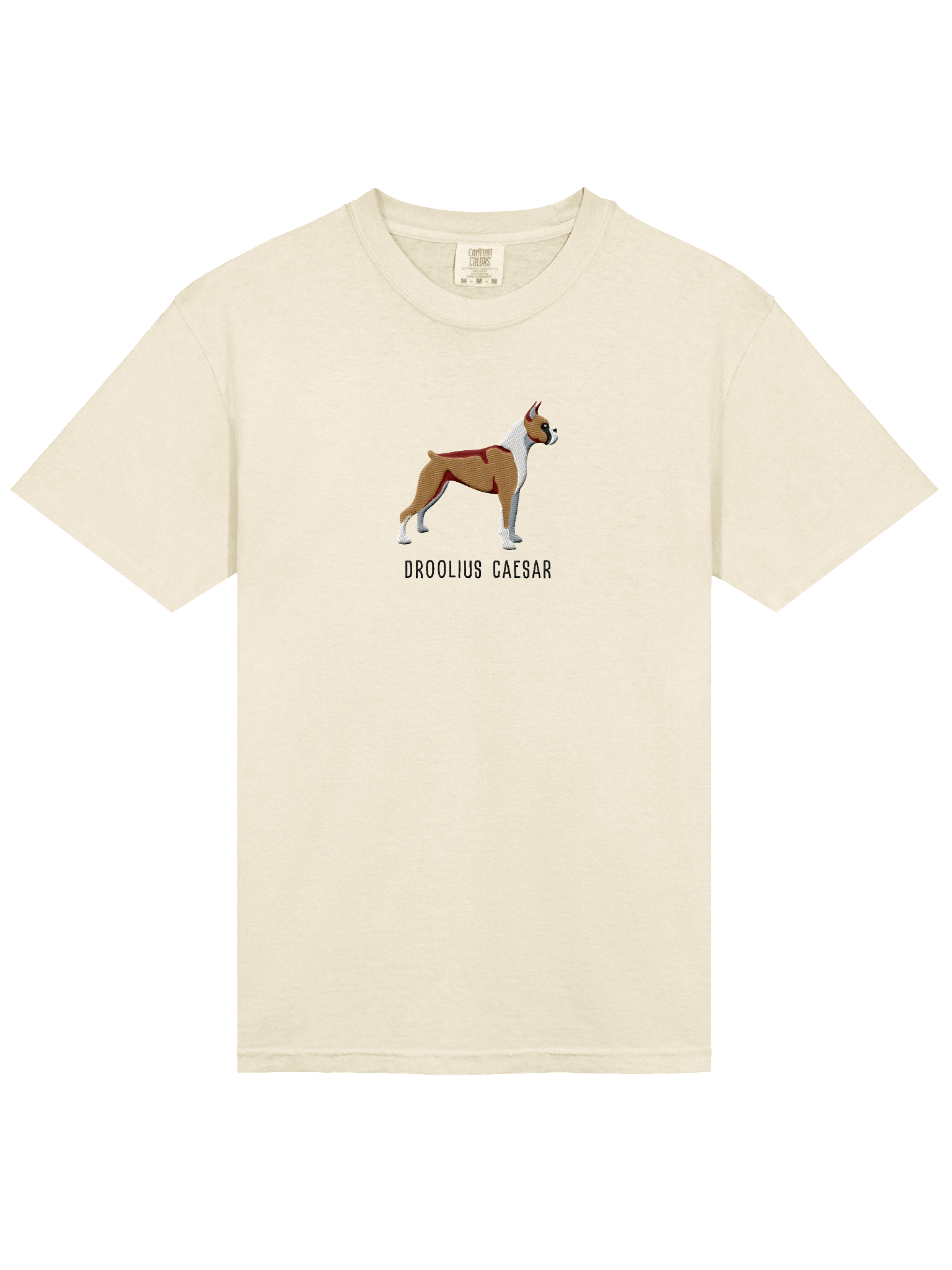 Droolius Caesar T-Shirt(Embroidered) of a Boxer(Tan & White, Cropped Ears & Docked Tail) product image (43)
