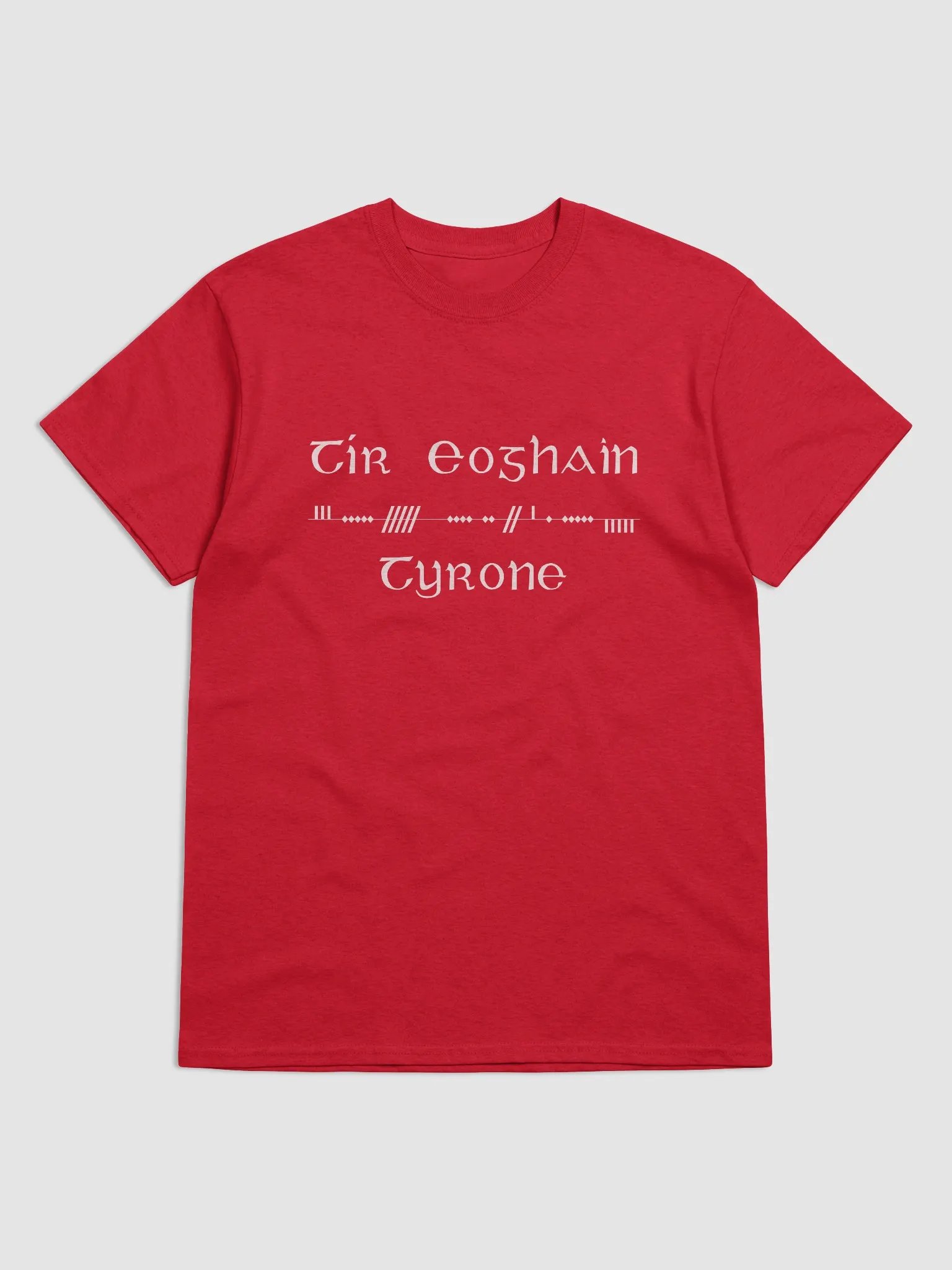 Tyrone/Tír Eoghain, Scholastic style Ogham, Red printed T-shirt product image (1)