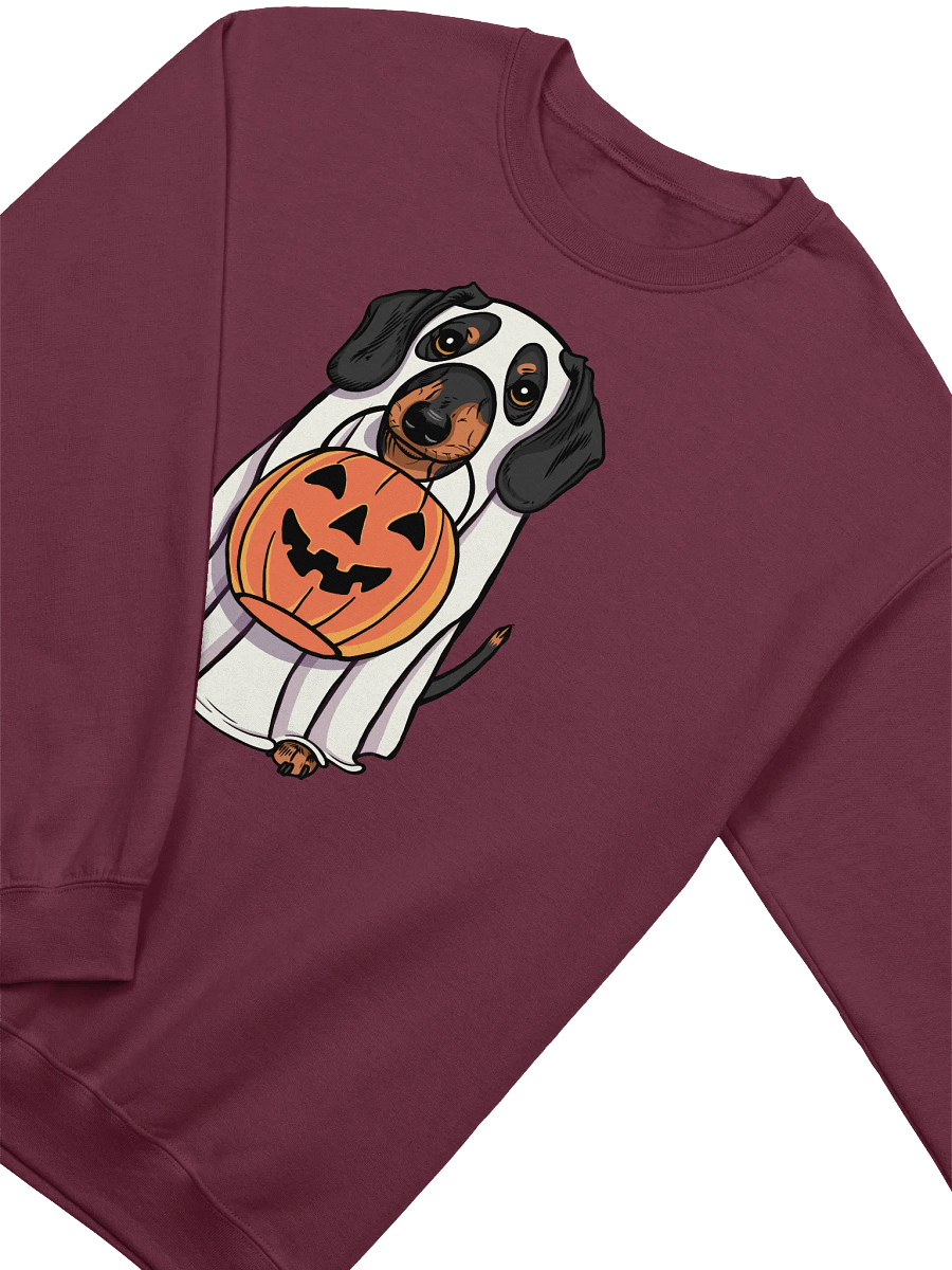 Funny Halloween Dachshund Sweatshirt | Funny Doxie/Wiener Wearing a Ghost Costume and Holding a Pumpkin Basket product image (9)