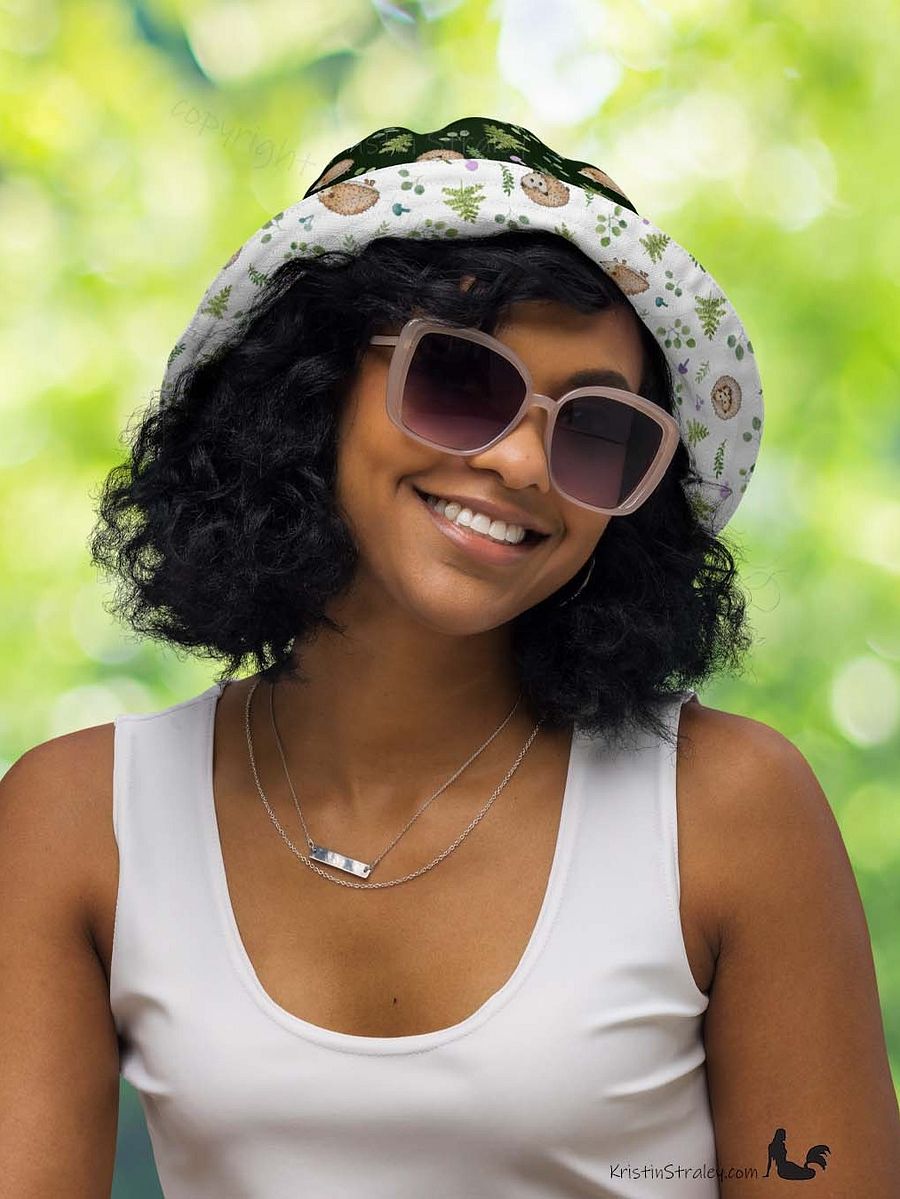 Hedgehogs Reversible Bucket Hat with Hedgehogs on White and Dark Green product image (6)