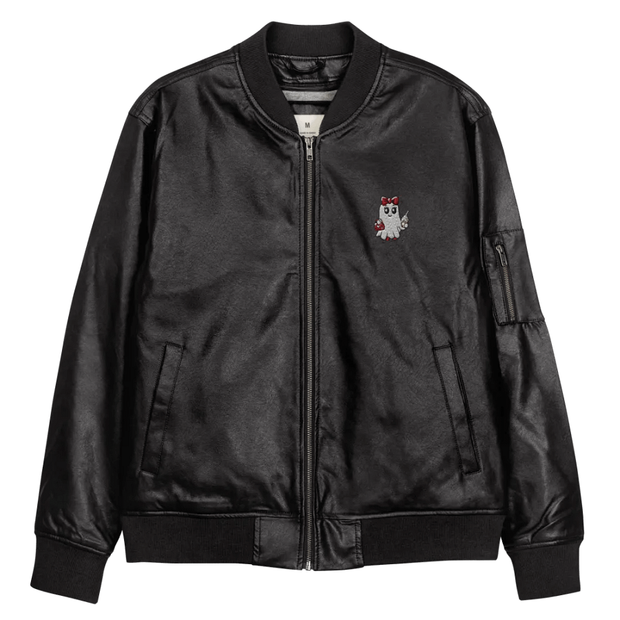 Stylish Ghost Embroidered Faux Leather Bomber Jacket product image (10)