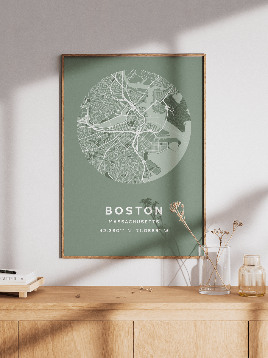 Boston Street Map Poster – Sage Green Minimalist Circular City Art product image (1)