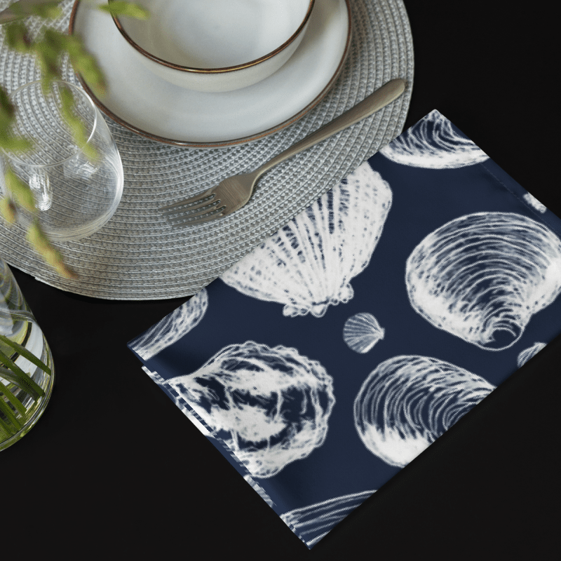 New England Tidal Treasures | Seashell Napkin Set | Monique Faella Designs™ | White on Dark Blue product image (5)