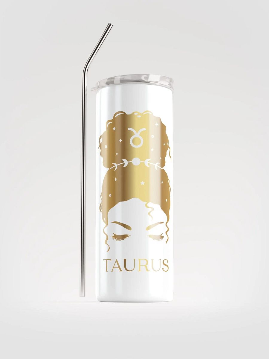 Chic & Celestial: White Taurus Steel Tumbler with Golden Messy Bun Design product image (1)
