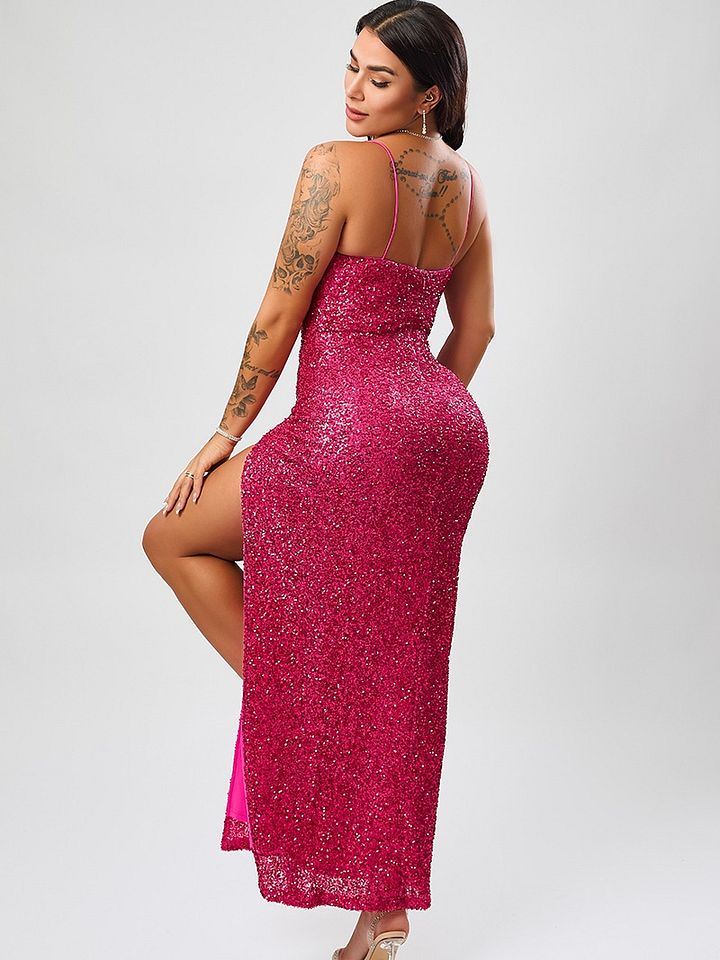 Wholesale high quality elegant slight stretch sling sequins slim high slit maxi dress product image (2)