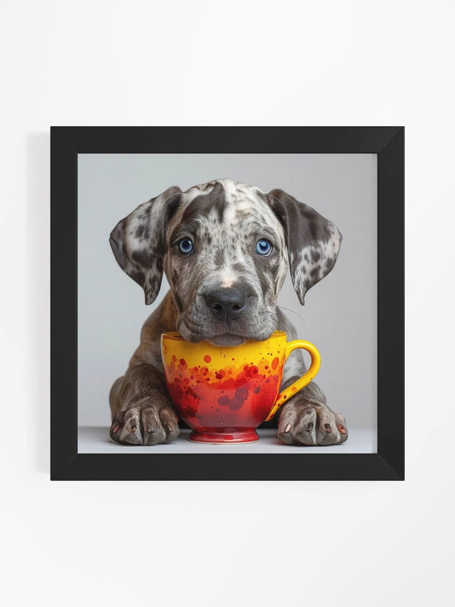 Cute Coffee Lover Blue Eyed Great Dane Puppy Framed Wall Art product image (1)
