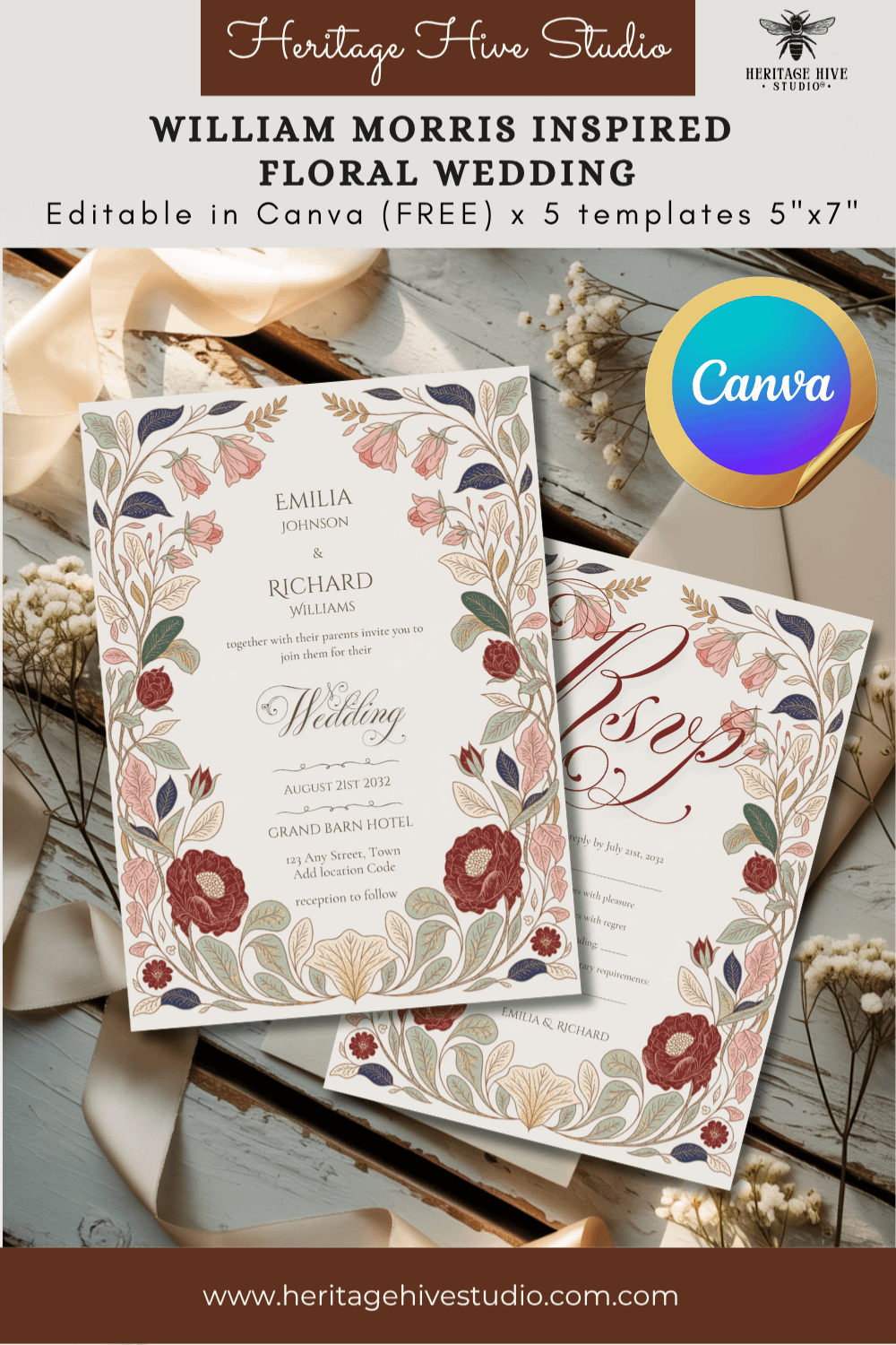 Editable Vintage Wedding Invitations | Edit in Canva | Instant Download Template | William Morris Inspired Floral product image (1)