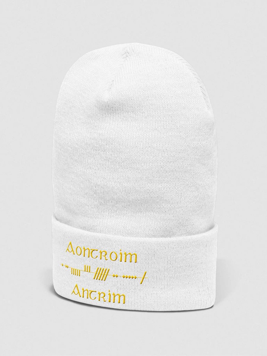 Antrim/Aontroim, Scholastic Style Ogham, white with saffron, embroidered Cuffed Beanie product image (2)