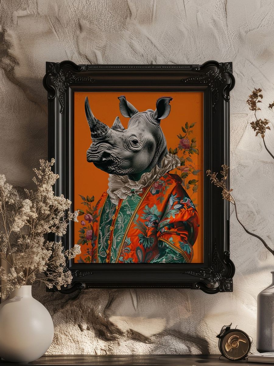 Rococo Rhino Portrait Burnt Orange Animal Fashion Art Print product image (4)