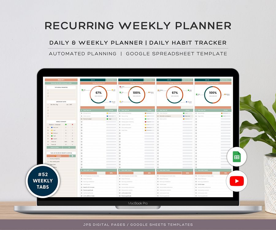 Weekly Recurrent Planner, Digital Planner Spreadsheet, Google Sheets Template product image (1)