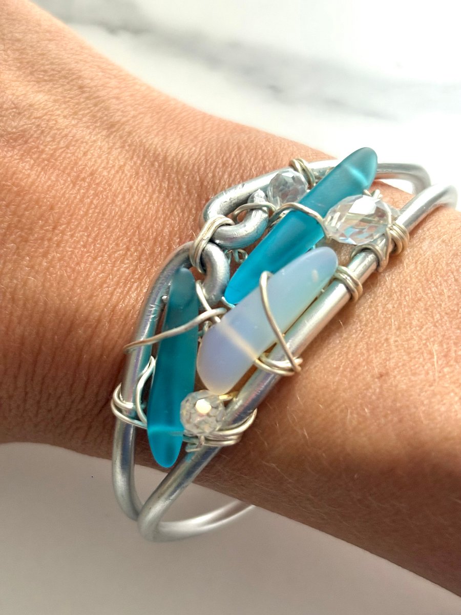 Ocean Shimmers Sea Glass Cuff Bracelet | Handmade Wire-Wrapped Adjustable | Coastal Charm by Monique Faella Designs™ | MFD-00221 product image (3)