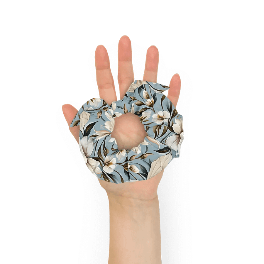 Hair Scrunchie - White and Beige Flowers on a Light Blue Background product image (7)