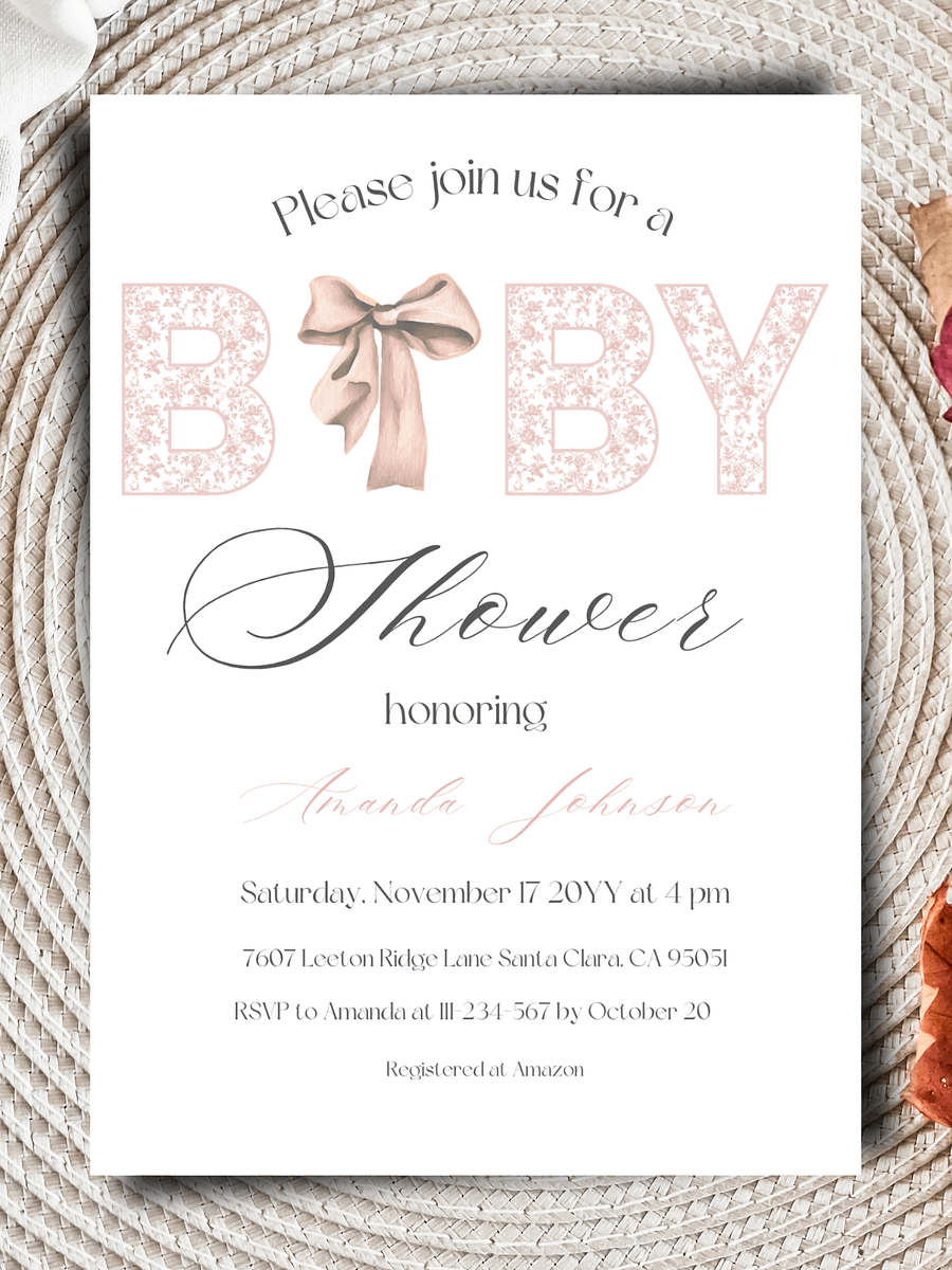 Minimalist Pink Bow Toile de Jouy Baby Shower Invitation, Chinoiserie Floral Themed Girl Baby Shower Invite for Digital Download product image (1)