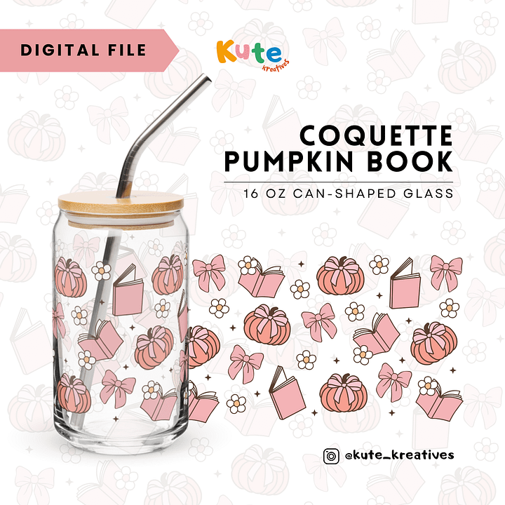 [Digital File] 16oz Can-Shaped Glass Wrap PNG | Coquette Pumpkin Book product image (1)